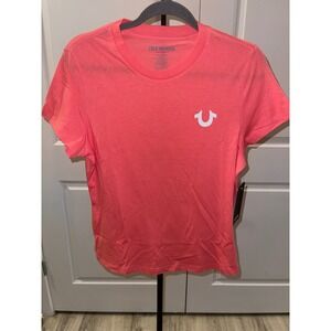True Religion Women's Pink Graphic T-Shirt Large World Tour Logo NWT